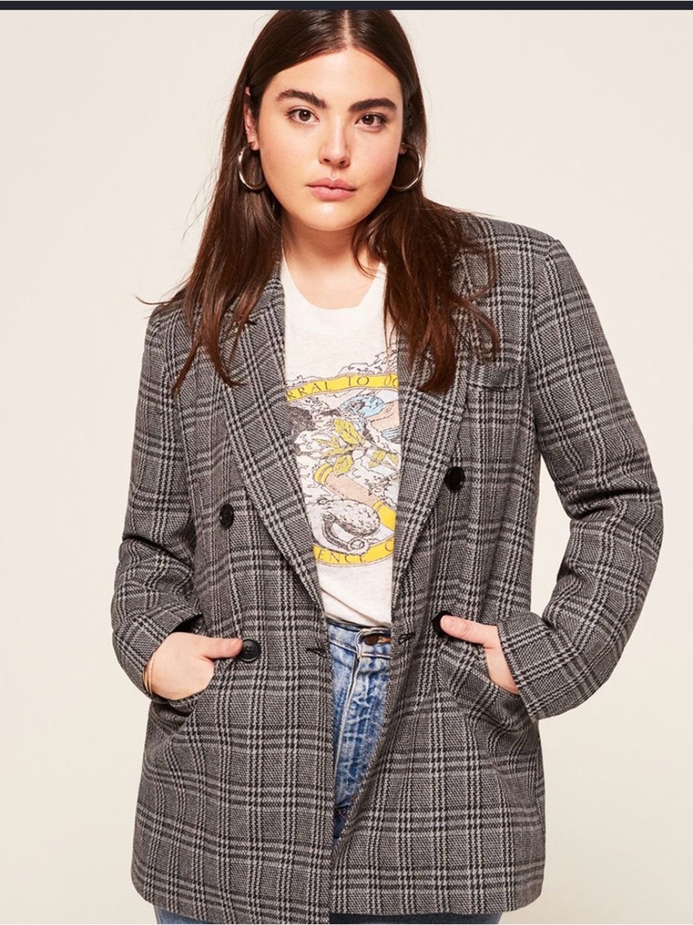 Reformation Gray Plaid Double-Breasted Blazer